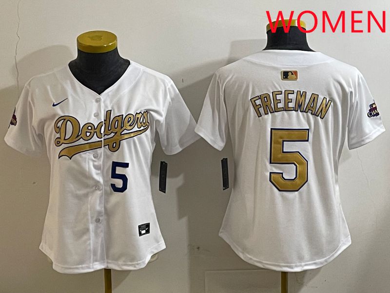 Women Los Angeles Dodgers 5 Freeman White Champion gold character 2025 Nike MLB Jersey style 4121